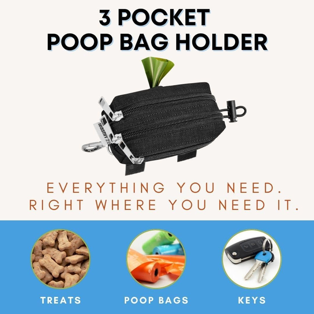 Dog Poop Bag Holder for Leashes and Treat Holder with 3 Waterproof Pouches | Poop Bag Dispenser for Pet Waste Bags and Walking Accessories + 1 Free Roll