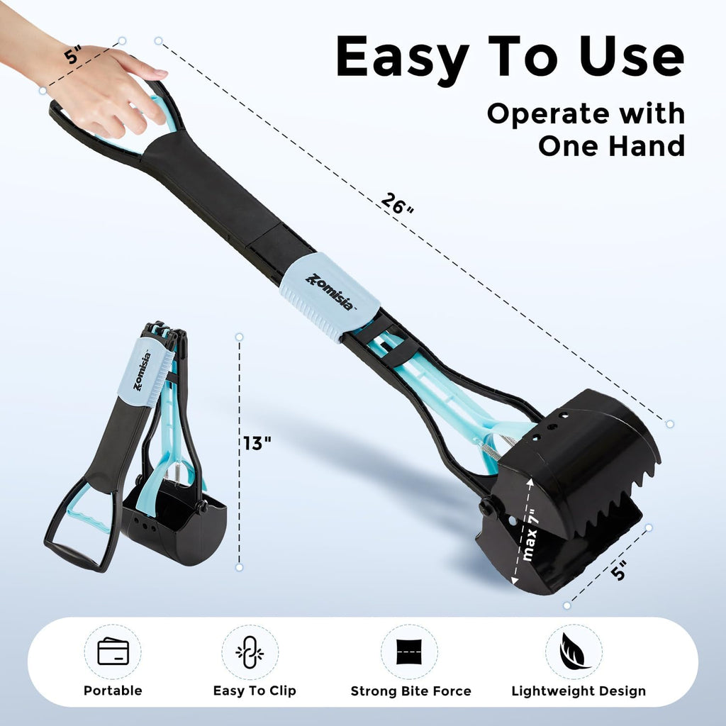 ZOMISIA 26" Pooper Scooper with Waste Bags - Poop Scooper for Large Dogs with Long Handle High Strength Material and Durable Spring for Yard, 30 Count Poop Bags