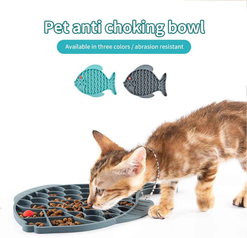 Slow Feeder Cat Bowls, 2 Pack Fish-Shaped Silicone Puzzle Feeders for Healthy Eating & Anxiety Relief - Lick Treat Mat for Dogs & Cats (Blue+Grey)