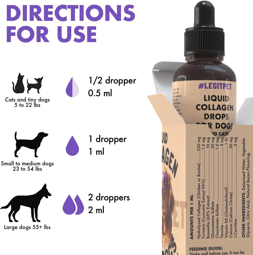 Premium Grass-Fed Collagen for Dogs & Cats Liquid Drops Supplement Daily Formula Support Hip & Joint Skin Coat Gut Hydrolyzed Type I & III Bovine Protein Beef Flavor All Dog and Cat Sizes & Ages