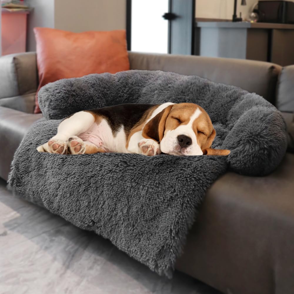 Calming Dogs/Cats Bed Mats, Dog Pad Washable Removable Couch Cover, Plush Long Fur Mat for Pets, Waterproof, Perfect for Small, Medium and Large Dogs and Cats (Dark Gray, 36"x31.5"x 5.0")