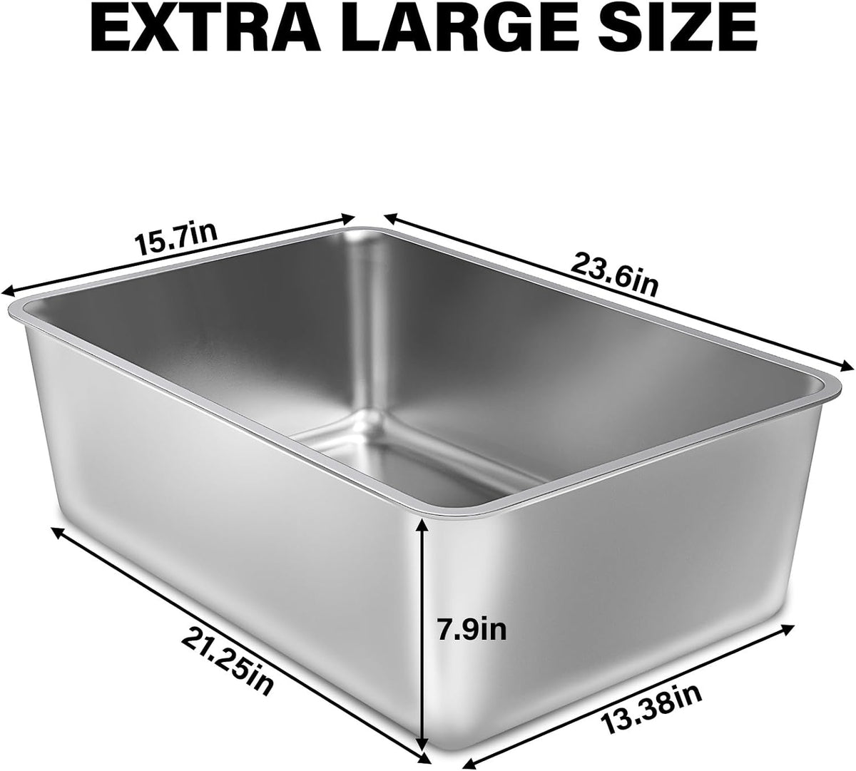 Stainless Steel Cat Litter Box, XXL Metal Litter Box 2 Pack | 23.6"x15.8"x8" , Extra Large Steel Litter Box for Big Cats, Non Stick Easy Clean Surface, High Sided, 8 inch Deep