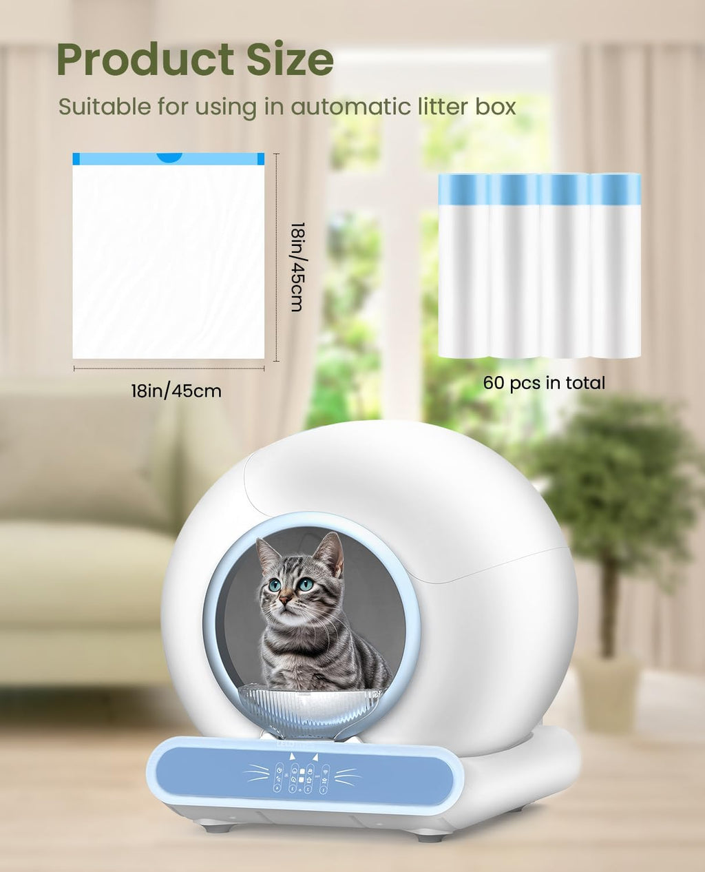 Self-Cleaning Cat Litter Box Liners - 60 Pack, Drawstring Cat Litter Waste Bags for Automatic Litter Box-18" x 18"