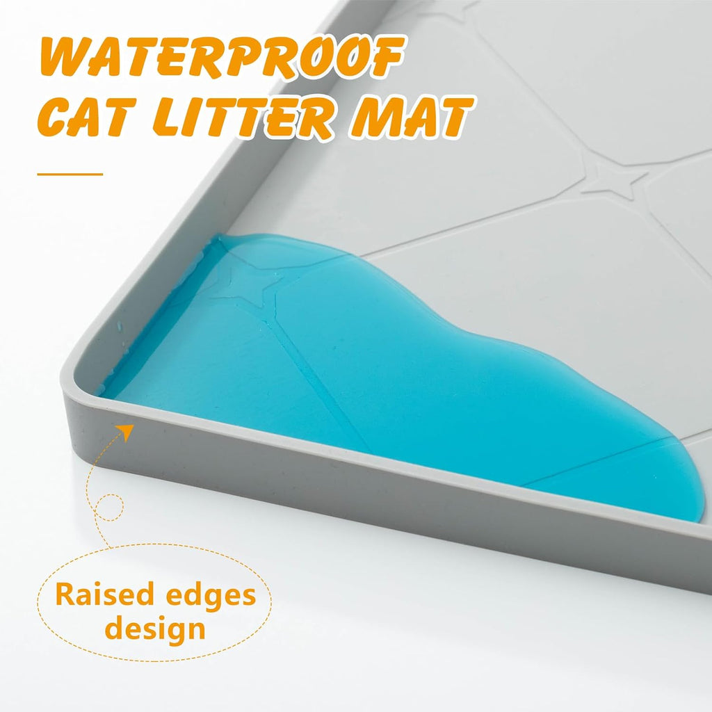 Large Cat Litter Mat 40x22 in, Waterproof Silicone, Gray | Extra large for litter box or feeding area, raised edges, silicone easy rinse-clean surface