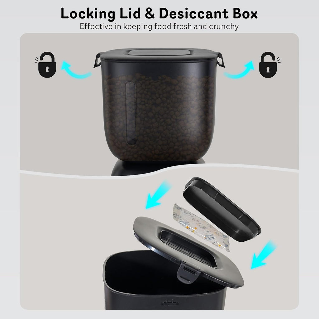 Automatic Cat Feeder and Water Dispenser FW1, Wire or Battery Cat Food Dispenser Timer Pet Feeder - Locking Lid, Desiccant Bag, Programmable Portion Control, 4 Daily Meals, 10s Voice Recorder