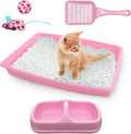 PAWISE Cat Litter Box Set, Small Kitten Starter Kit, Includes Litter Box, Litter Scoop, Double Dish Feeding Bowl, Cat Mouse Toy, Kitty Ball Toy, Pink