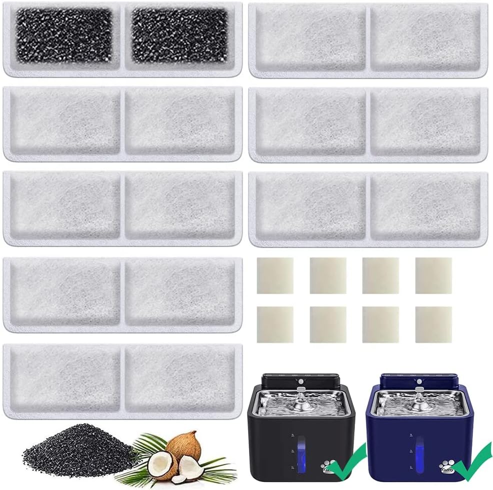 Kastty 8 Pack Replacement Filters and Pump Filters for Battery Operated Cat Water Fountain, Made of Activated Carbon and PP Cotton, Food Grade
