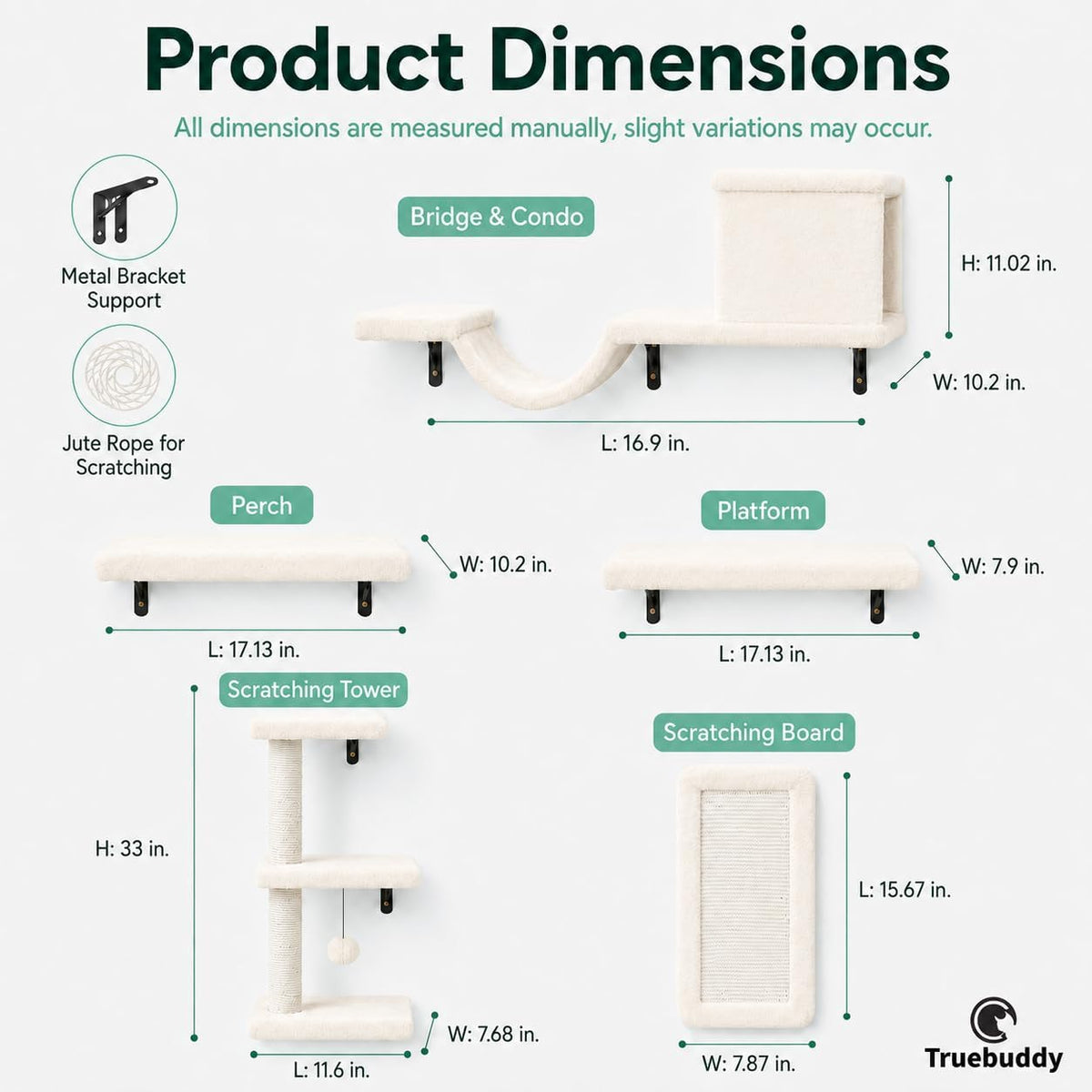 Cat Wall Shelves Set - 5 in 1 Wall-Mounted Cat Tree with Scratching Post - Perch, Condo, and Climbing Platforms - Ivory