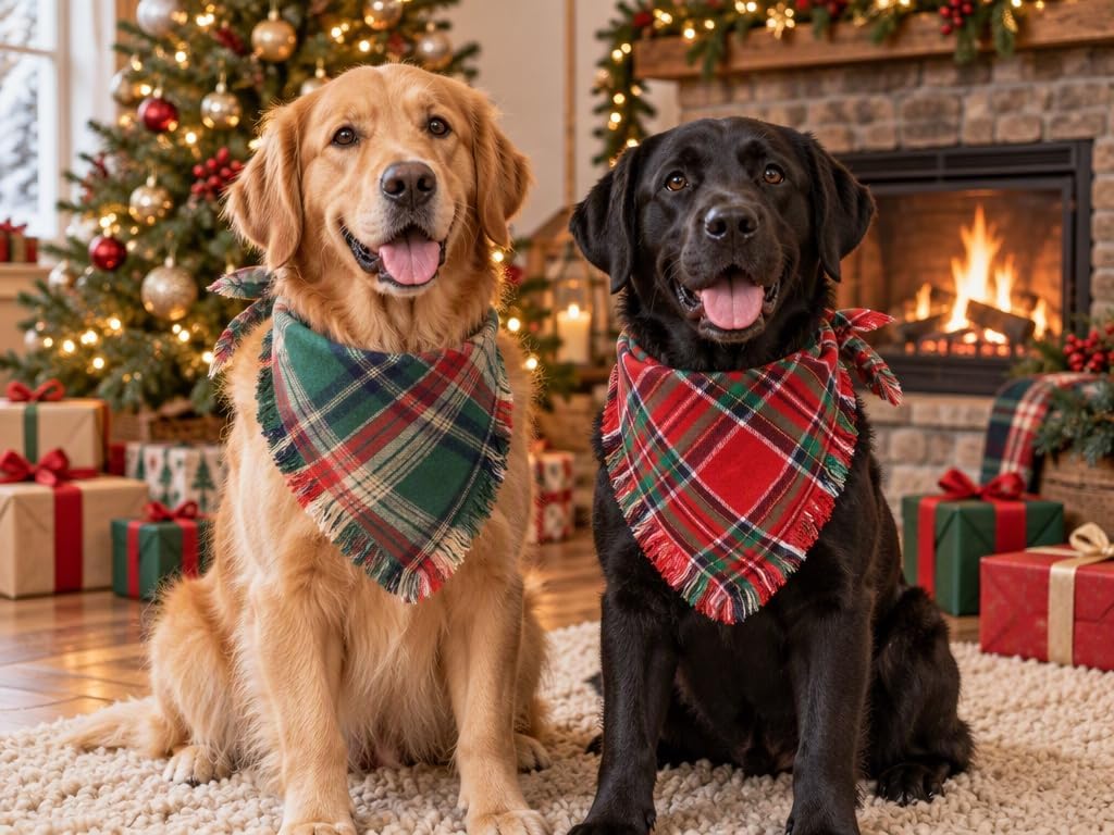 Christmas Dog Bandanas 2PCS-Large,Red-Green Plaid Scarf w/Tassels for Dogs