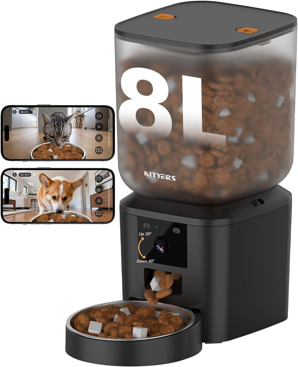 Automatic Dog Feeder with 2K Cameras - 8L/ 34 Cups Cat Food Dispenser for 2-18mm Dry Food, 2.4G&5G WiFi, Night Vision, 2-Way Talk, Up to 99 Portions 15 Meals Per Day, 10s Voice
