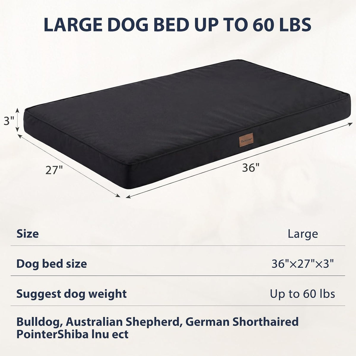 BFPETHOME Outdoor Waterproof Dog Bed for Large Dogs, Washable Cover, 36"