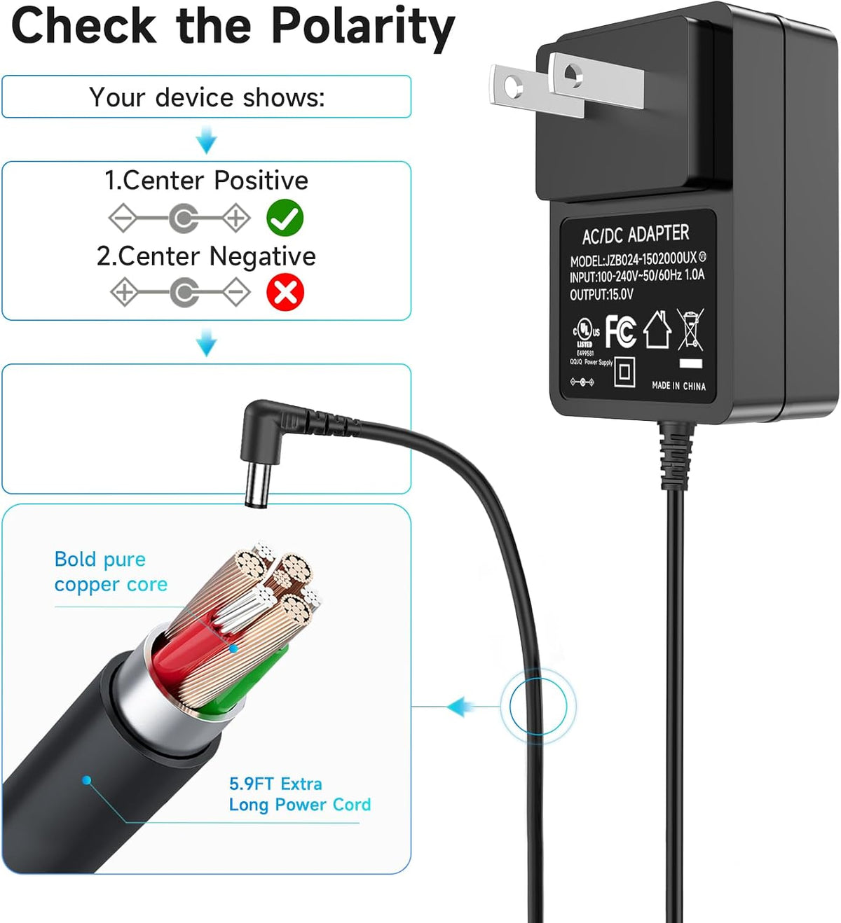 for Litter Robot Power Cord 15V DC Power Supply