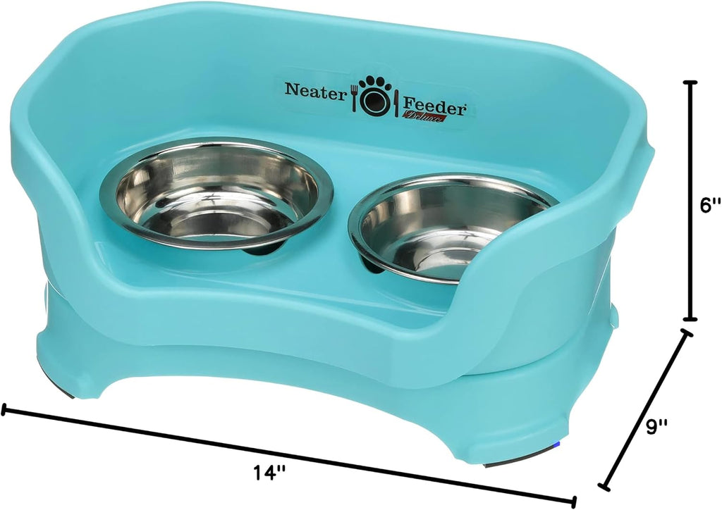 Neater Pet Brands Neater Feeder Deluxe Mess Proof Cat Bowls Elevated, Made in USA, No Spill Raised Bowls for Indoor Cats, Stainless Steel Food and Water Bowl Set, Pet Dish Feeding Station, Aquamarine 