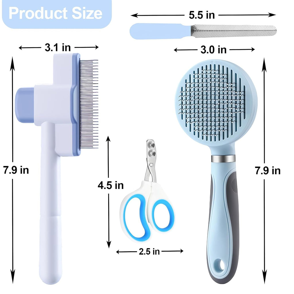 Cat Grooming Kit, 4-in-1 Cat Grooming Tools with Cats Brush, Flea Comb, Nail Clipper & Trimmer - Deshedding & Dematting for Pets Hair and Paws, Pet Shedding Set for Indoor Dogs & Cats (Blue)