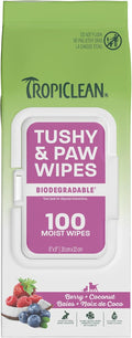TropiClean Dog Wipes for Cleaning Paws & Tushy, Berry & Coconut Scent,100ct 