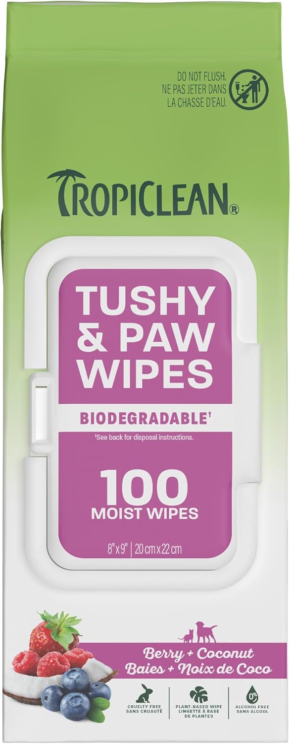 TropiClean Dog Wipes for Cleaning Paws & Tushy, Berry & Coconut Scent,100ct 