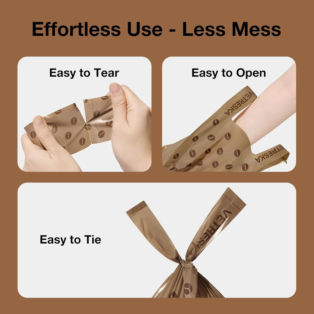 VETRESKA Dog Poop Bags with Handles 120 Count, Coffee Scented Waste Bags | Leak-Proof Thick Dog Bags for Poop, Easy-Tie Large Poop Bags, 8 Refill Rolls for Dog Walking Cat Litter