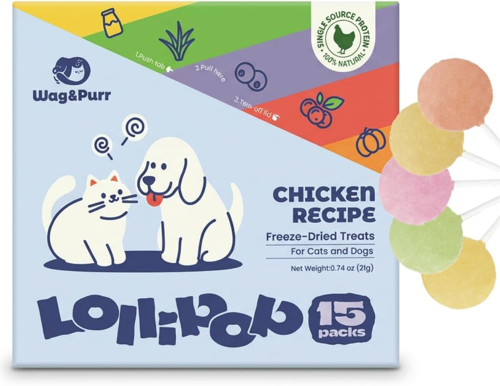 Wag&Purr Freeze Dried Cat Treats - Chicken Lollipops, 15 Pack, High Protein Snacks for Cats & Small Dogs, Training, Food Topper & Interactive Treat