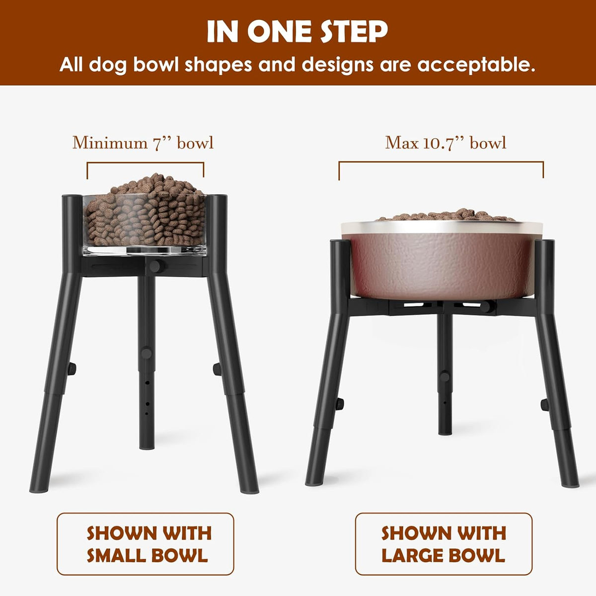Dog Bowl Stand for Large Dogs, Adjustable Width & Height, Elevated Bowls for 7-10.7" Wide, 3 Height Adjustment, Tall Food and Water Holder, Single Holder, Bowl Not Included
