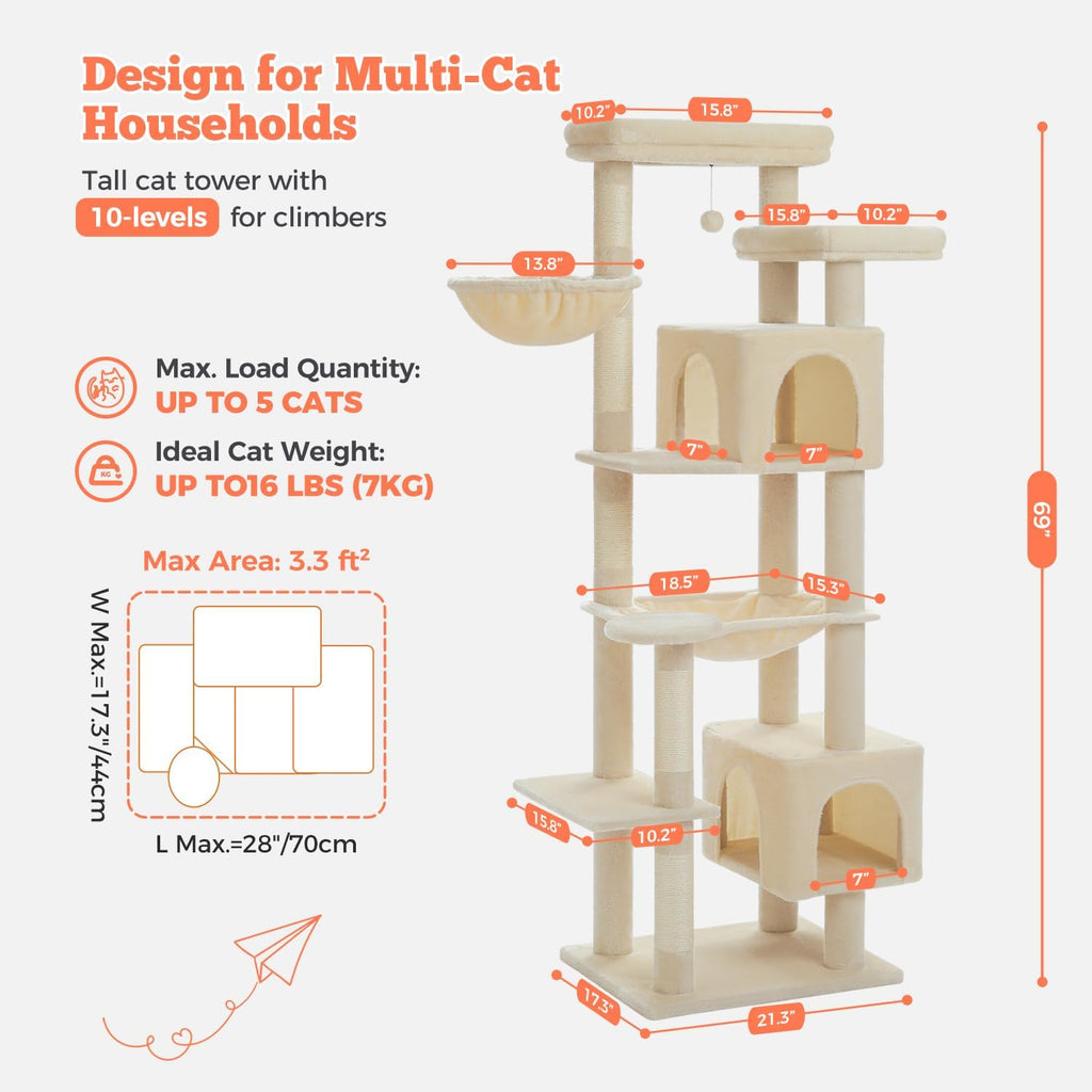 69" Tall Cat Tree for Indoor Cats Large Adult, Multi-Level Cat Tower