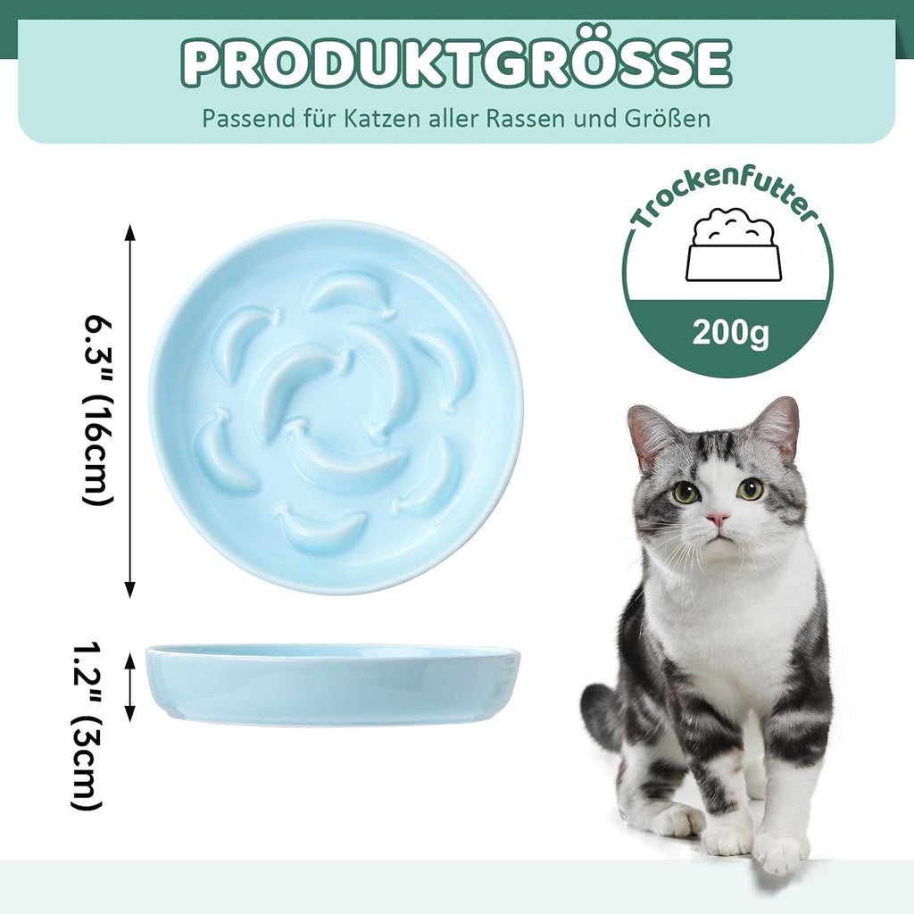 Ceramic Slow Feeder Cat Bowl, 6.3'' Wide Whisker Friendly Cat Puzzle Feeder | Slow Eating 5x, Anti Vomit Shallow Slow Eating Cat Dish for Dry and Wet Food, Microwave and Dishwasher Safe, 6.3" X 1.2"