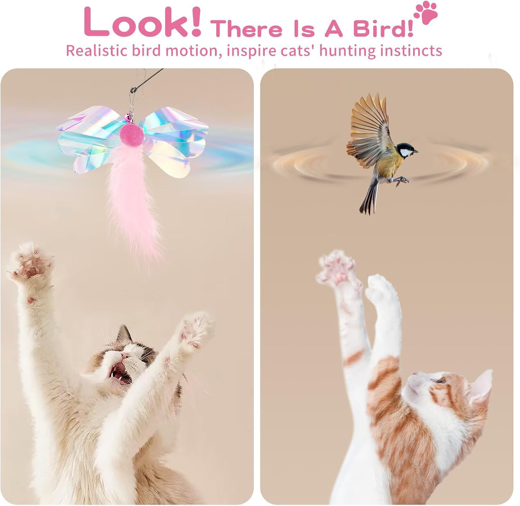 Pawaboo Cat Feather Wand Interactive Toy, 2 Feathers + 1 Wand with Bell | Cat Feather Teaser Toys Flying Catcher Extra Long 34.5" Wand Exerciser Playing Chase Cat Toy Wands for Kitten, Pink Butterfly