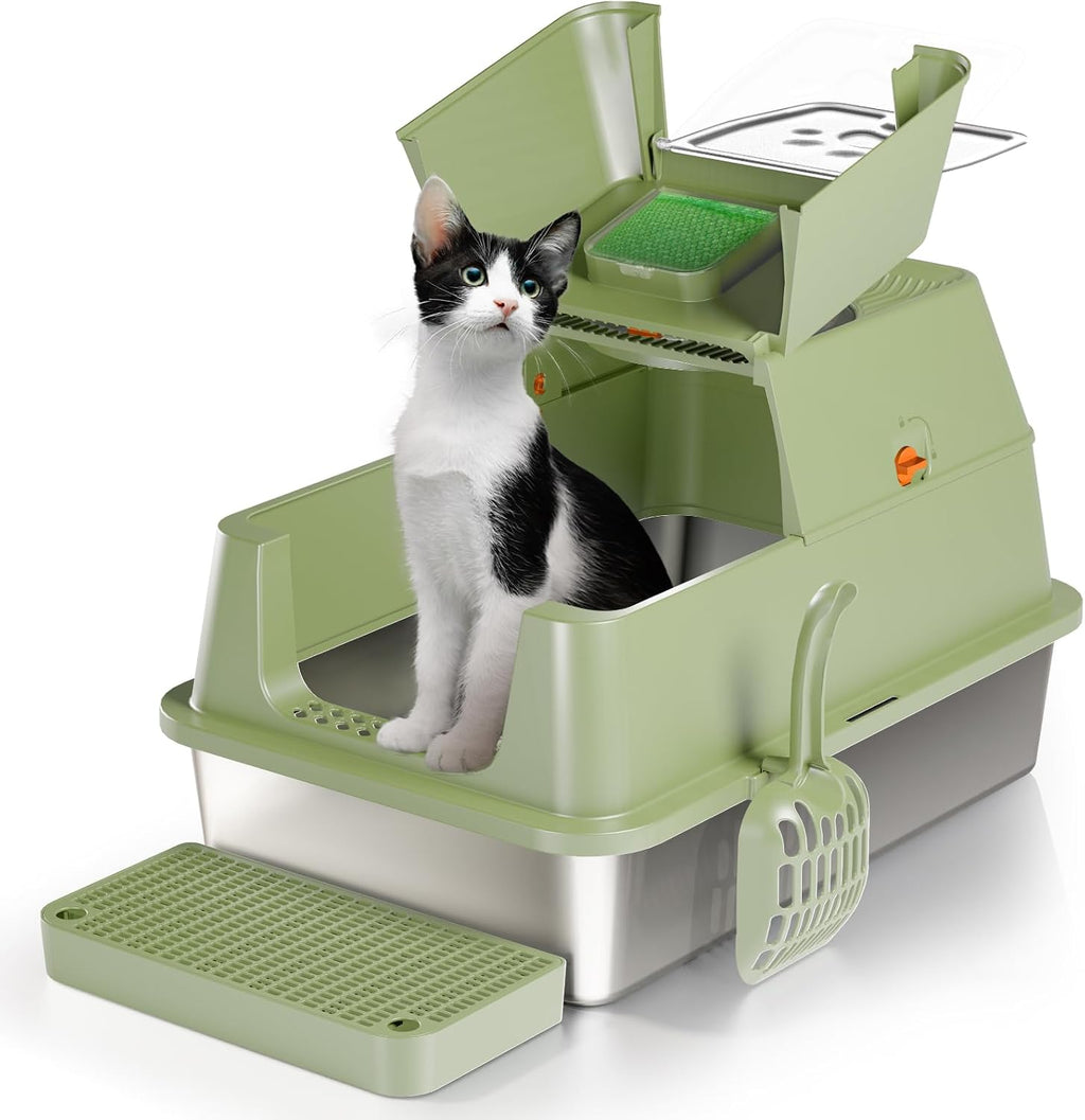 Stainless Steel Cat Litter Box with Lid, Flip-Top XL Large, Green