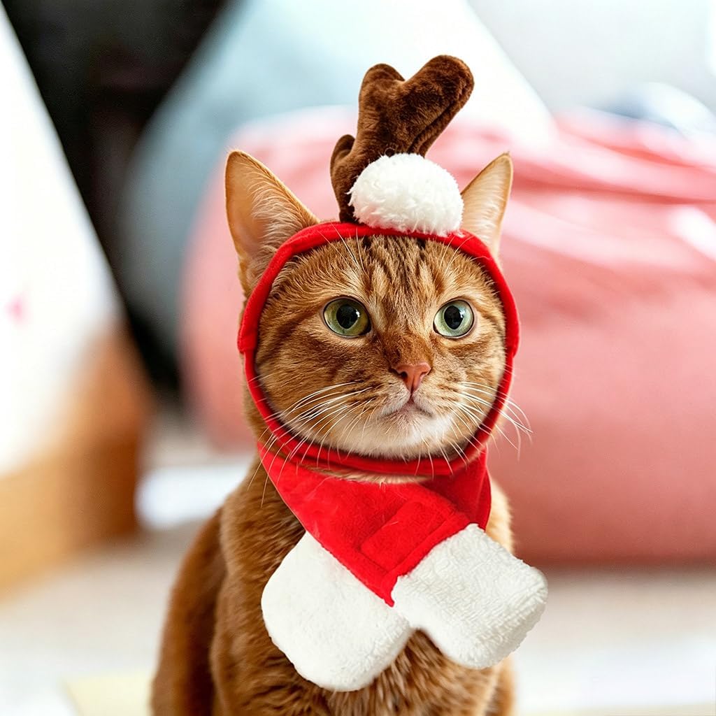 NAMSAN Pet Reindeer Costume for Cats Small Dogs Rabbits, Christmas Cat Single Antler Headband with Red Scarf, Small Dog Max Santa Antler Outfit for Christmas New Year Party Cosplay Statue Decoration
