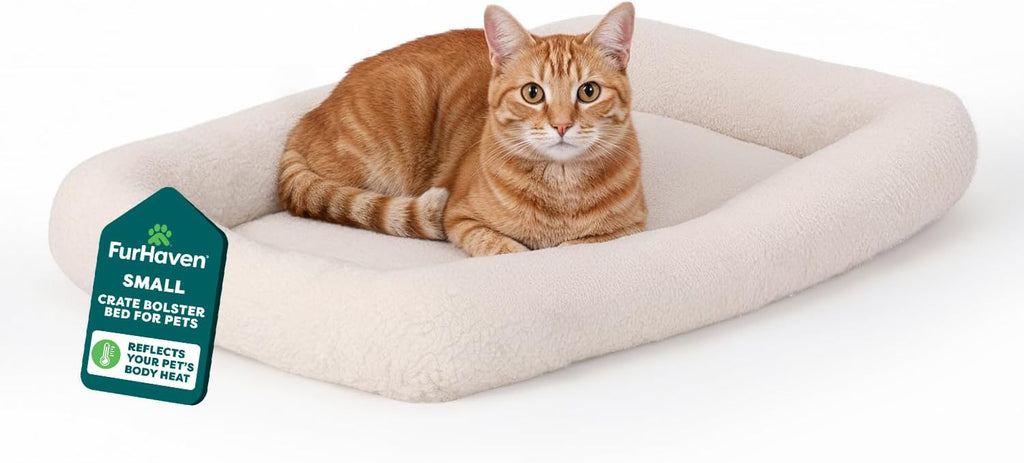 FurHaven Dog Bed for Extra Small Dogs & Cats, Bolster Crate Pad with Soft Supportive Base for Carriers & Kennels, Machine Washable, Extra Small, Sherpa Fleece, Cream