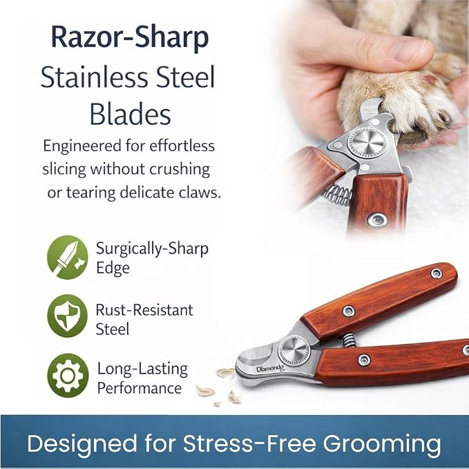 Diamondg Nail Clippers for Dogs & Cats - Heavy Duty Stainless Steel Blades | Manual Dog Toenail Cutter with Spring, Bamboo Handle, Sharp Curved Steel Blade for Thick Nails, Safe Pet Nail Trimmers