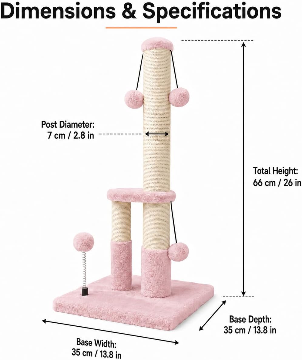 Dimaka Tall Cat Scratching Post, Double Lower Posts Extra Stable Cat Post Tree Scratcher with Sisal Rope and Teasing 4 Balls Total Large Base (Pink)