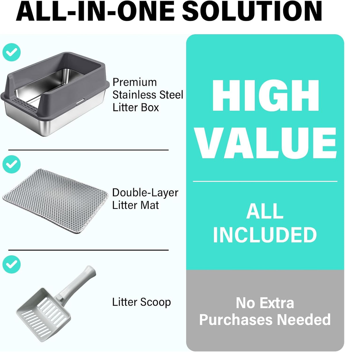 Stainless Steel Litter Box, XL Metal Litter Box with High Sides Lid
