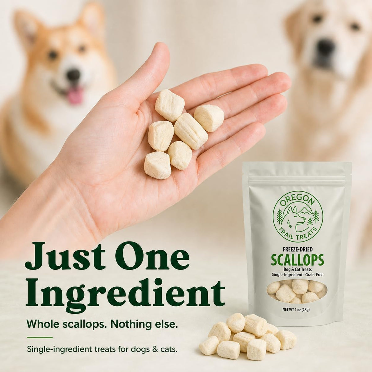 Oregon Trail Treats Freeze-Dried Scallops Dog & Cat Treats - Single Ingredient Premium Bay Scallops Grain Free 1 oz