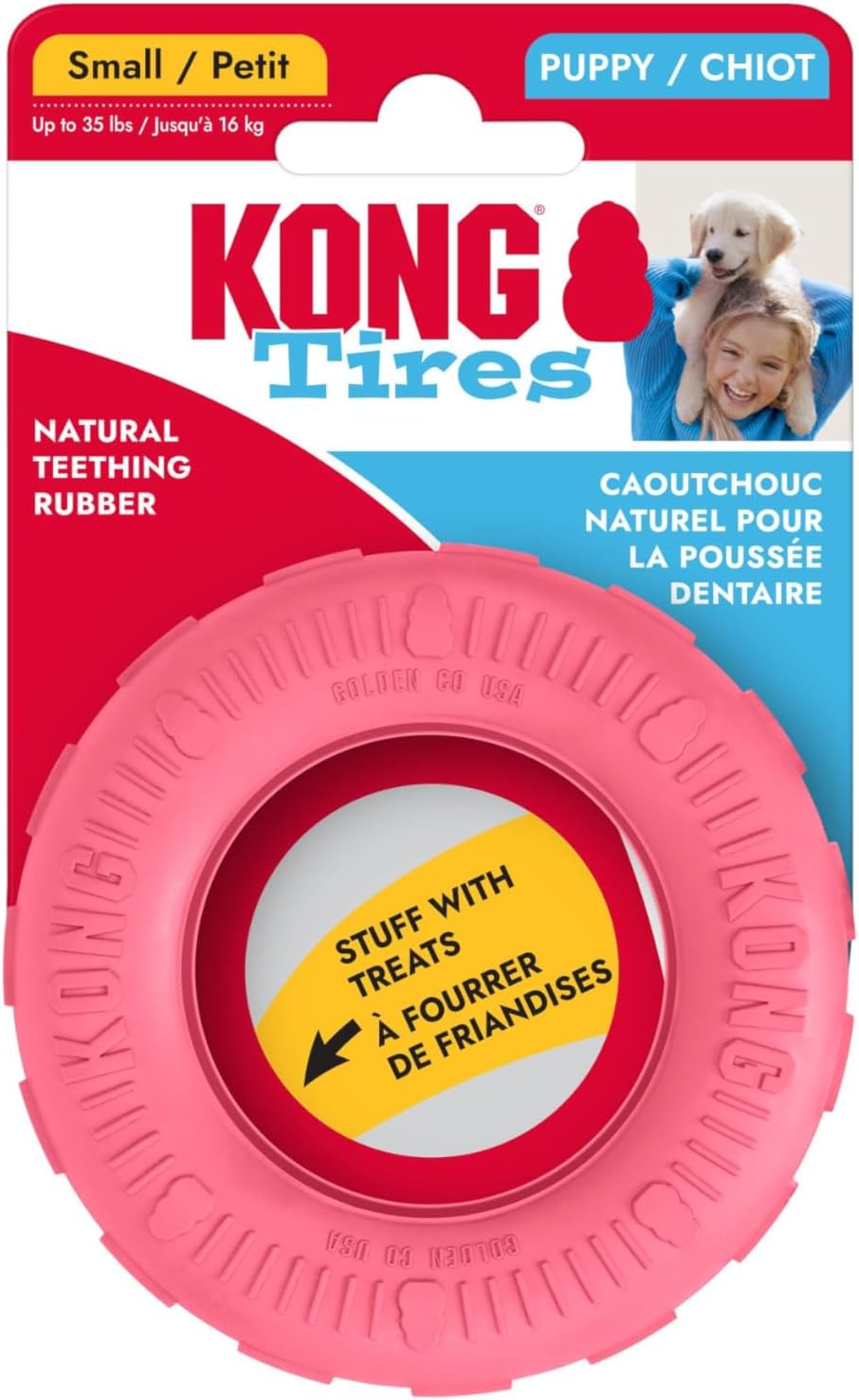 KONG Puppy Tires, Natural Rubber Teething Toy, for Small Puppies, Pink | Durable KONG Natural Rubber Chew & Fetch Toy That Promotes Healthy Teeth & Gums with a Fun Bounce & Easy Roll
