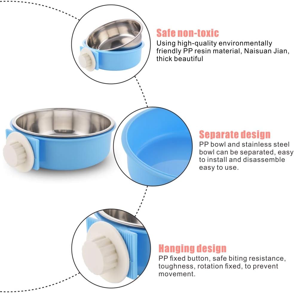 Crate Dog Bowl Removable Stainless Steel Water Food Feeder Bowls Cage Coop Cup for Cat Puppy Bird Pets (Large, Blue) 