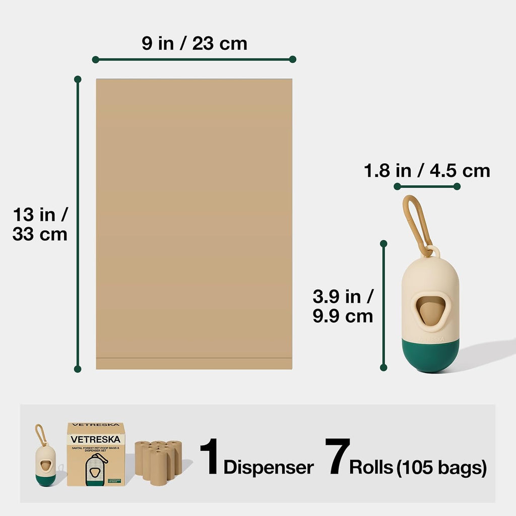 VETRESKA Dog Poop Bags Dispenser with 105 Bags, Leak Proof and Extra Thick | Pet Waste Bags for Dog Walking and Cat Litter, Sandalwood & Almond Scented