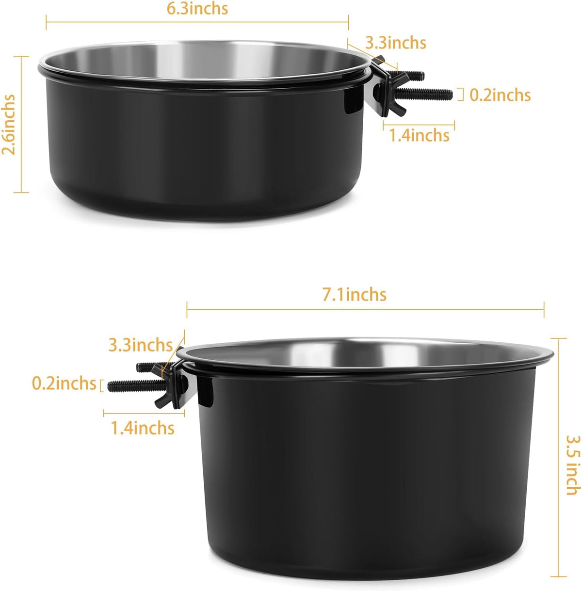 2 Pcs Stainless Steel Large Dog Crate Food Water Bowl, 77 & 45 OZ | Non-Spill, Detectable, Hanging Cage, Black Feeder Dish with Clamp Holder for Large Pets, Size 7.1x3.5'' & 6.3x2.6''