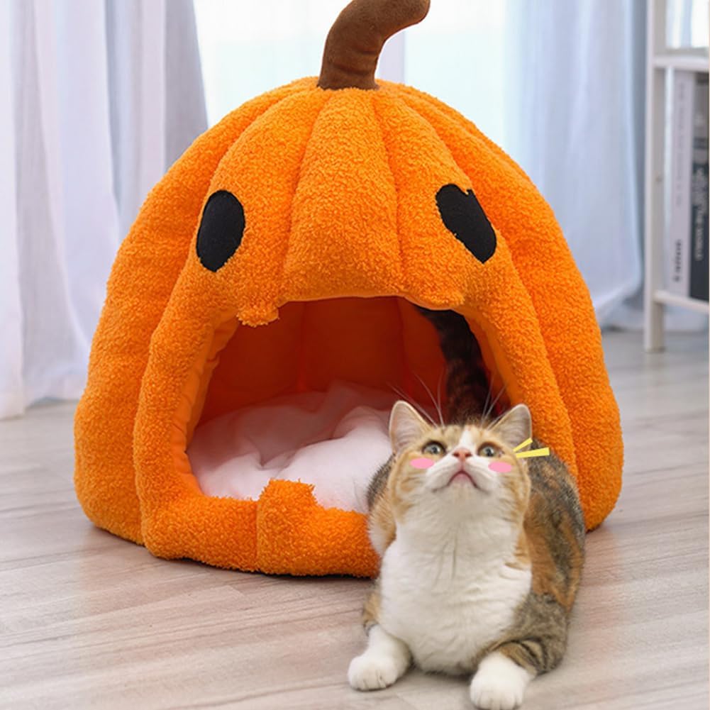 Cute Pumpkin Cat Bed for Indoor Cats Cat House Tent (Orange, 16 Inch)