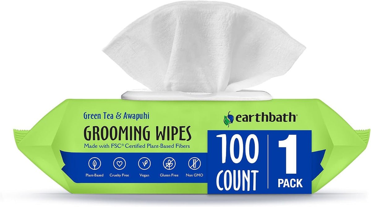 earthbath Green Tea & Awapuhi Grooming Wipes, 100 Count (1 Pack) | Dog Wipes for Paws and Butt, Made in USA 