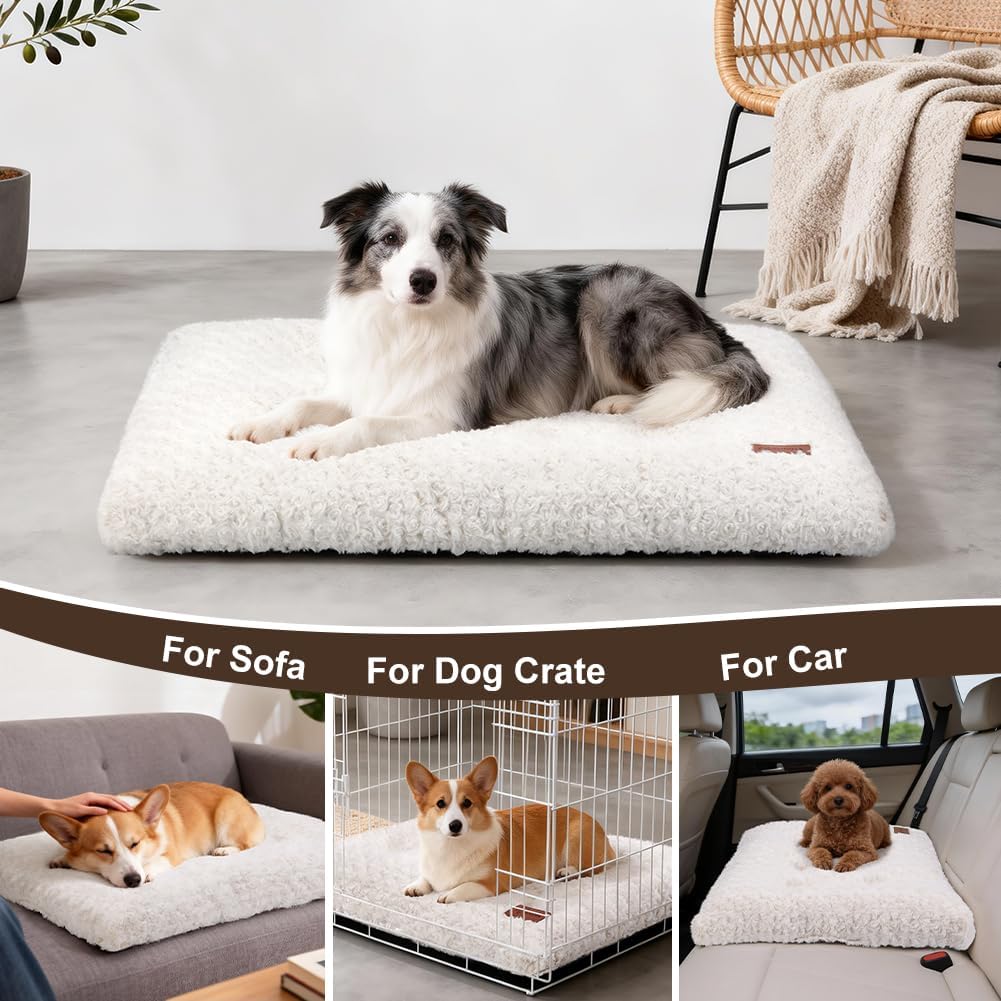 Dog Bed Crate Pad - Rosette Pattern White Velvet Pet Bed Anti-Slip Comfy Kennel Pad for Crates Rosette White L