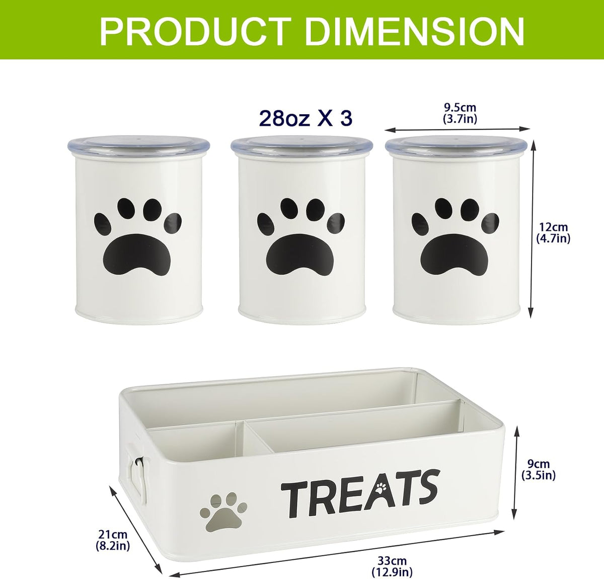 28oz Metal Dog Treat Container Set of 3,Dog Treat Jars with Airtight Lids,Cat Treat Jar,Dog Treat Canister for Countertop,Coated Galvanized Steel Dog Treats Station-White