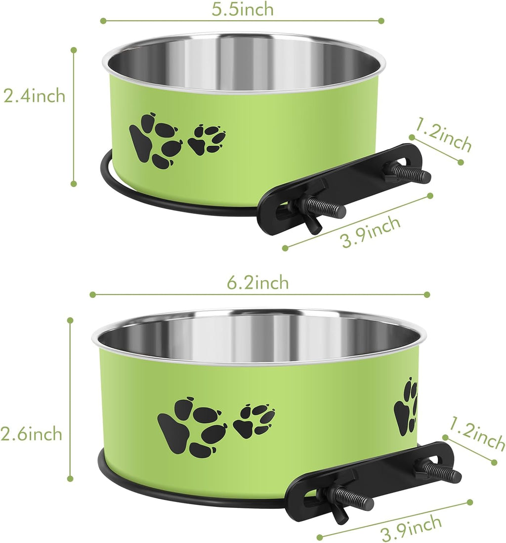 Dog Crate Bowls, ShineMe Stainless Steel Dog Kennel Bowls for Crates, Spill Proof Dogs Dishes that Attach to Crate Kennel Cage for Small Medium Size Dogs Cats, Set of 2, Green (6.2x2.6” & 5.5x2.4”)