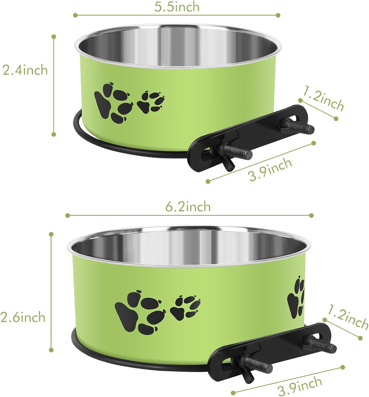 Dog Crate Bowls, ShineMe Stainless Steel Dog Kennel Bowls for Crates, Spill Proof Dogs Dishes that Attach to Crate Kennel Cage for Small Medium Size Dogs Cats, Set of 2, Green (6.2x2.6” & 5.5x2.4”)