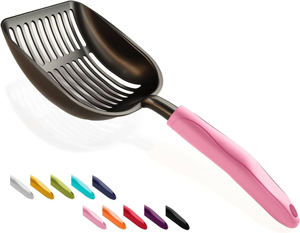 WePet Cat Litter Scoop, Non-Stick Plated Aluminum Alloy Sifter, Kitty Durable Metal Scooper, Deep Shovel, Long Handle, Kitten Pooper Lifter, Size Large, Coated Black Body with Pink Handle