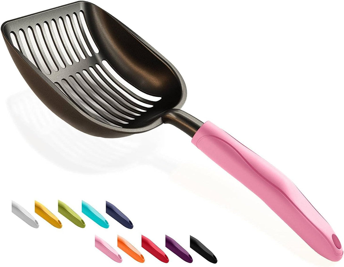 WePet Cat Litter Scoop, Non-Stick Plated Aluminum Alloy Sifter, Kitty Durable Metal Scooper, Deep Shovel, Long Handle, Kitten Pooper Lifter, Size Large, Coated Black Body with Pink Handle