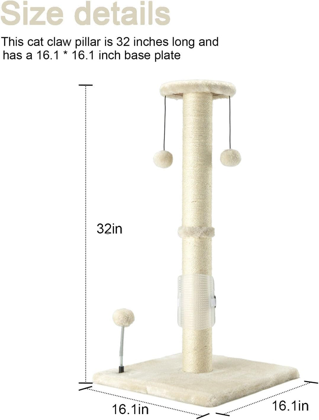 PEEKAB 32" Tall Cat Scratching Post Sisal Rope Scratch Posts with Hanging Ball and Self-Massage Brush Vertical Scratcher for Indoor Cats and Kittens(Beige 32inches)