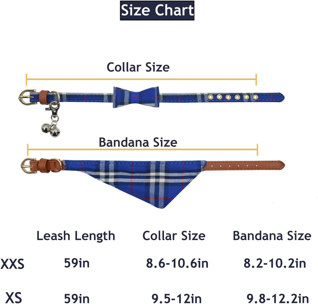 3PCS Bow Tie Dog Collar and Leash Set Plaid/Camo/Dots/Flower Dog Bandanas with Bell 3 Size Adjustable for Small Dogs Puppies and Cats (XS, Blue Plaid 2)