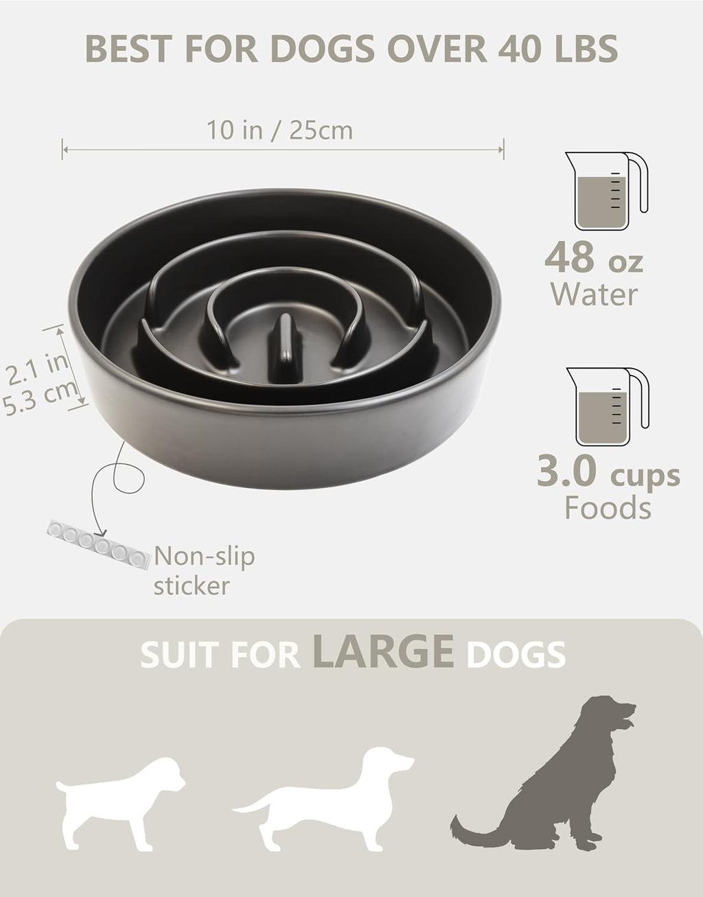 Ceramic Slow Feeder Bowls for Large Dogs, 3.0 Cups Slow Feeder for Fast Eaters, 48oz, 10in, Black