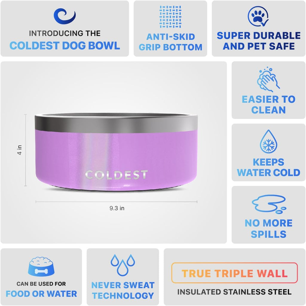 Coldest Dog Bowl - Anti Rust Metal, Non Slip, 3 Layers Insulated Stainless Steel Dog Bowls - Spill Proof & Heavy Duty - Water Bowl for Dogs, Cats, Dish Washer Safe (100 oz, Saturns Purple Glitter)