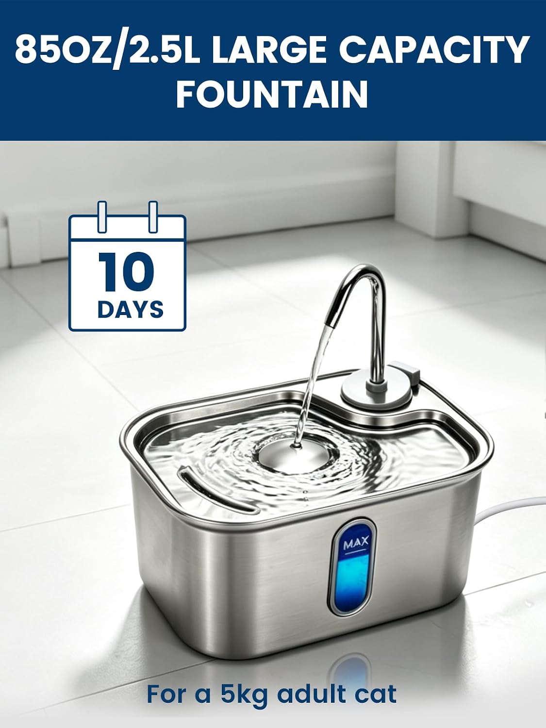 Cat Water Fountain Stainless Steel for Cats Indoor 2.5L 85oz by BPA-Free SUS304, Effective 6-Layer Filter Cat Fountain for Drinking 15dB Ultra Quiet Metal Pet Water Fountain (Fountain+4 Filters)